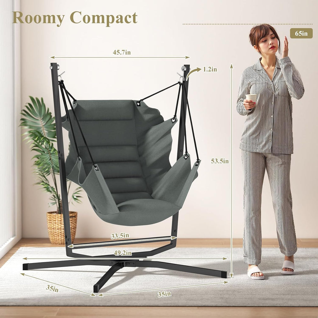 360° Swivel Outdoor/Indoor Swing Chair with Stand&Cushion.(400lbs)(Grey) | Perfect for People Enjoying Leisure Time
