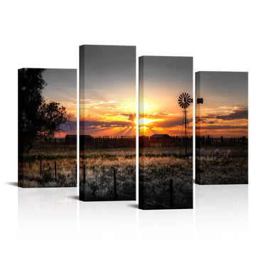 Farm Landscape Pictures Wall Art Decor Rustic Farmhouse Windmill at Sunset Scenery Photograph Painting Giclee Print