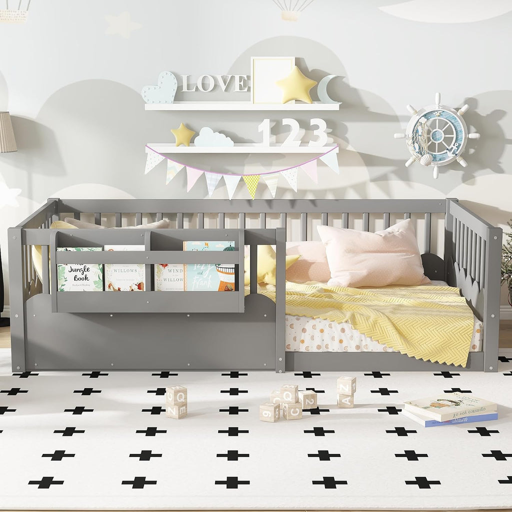 Floor Bed with Bookshelf and Safety Guardrail, Montessori Floor Bed with Fence, Easy Assemble