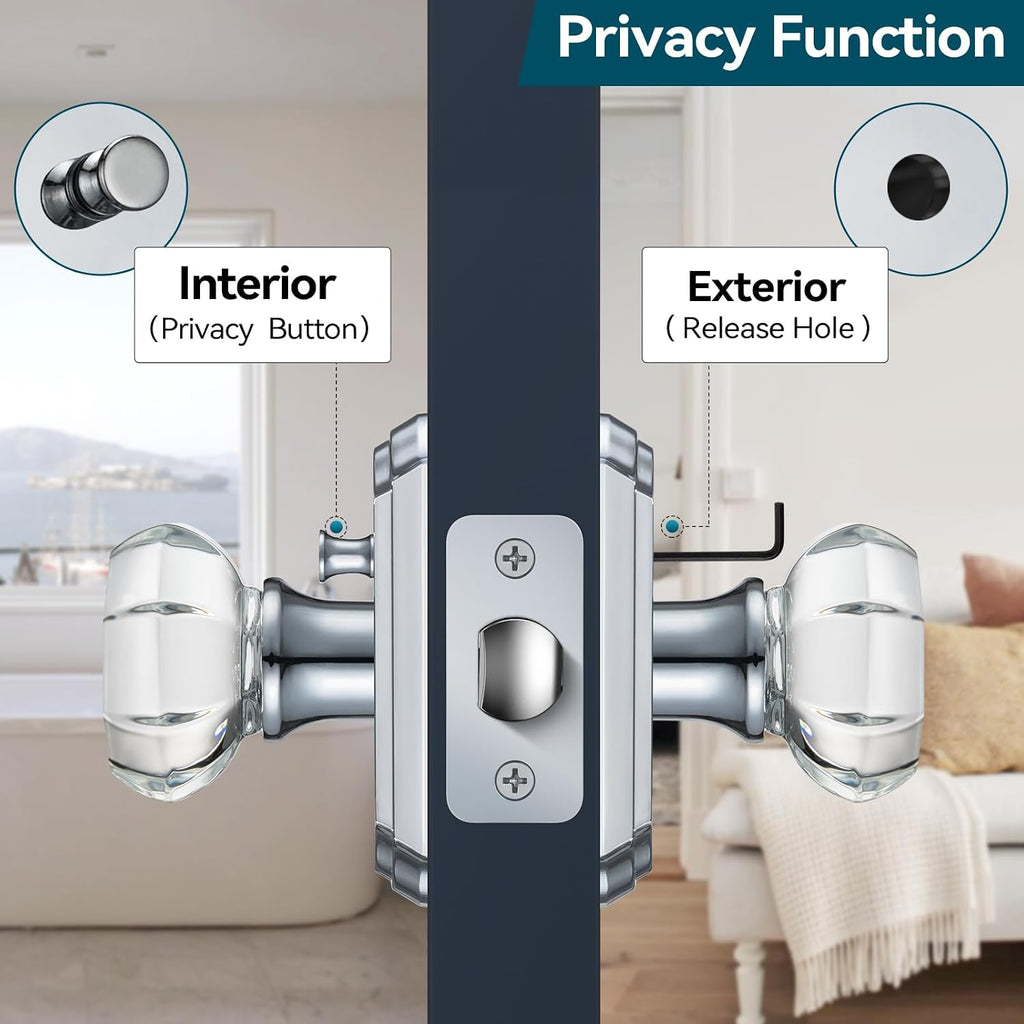 Chrome Crystal Door Knob Interior, Privacy Glass Door Knob, 1Pack