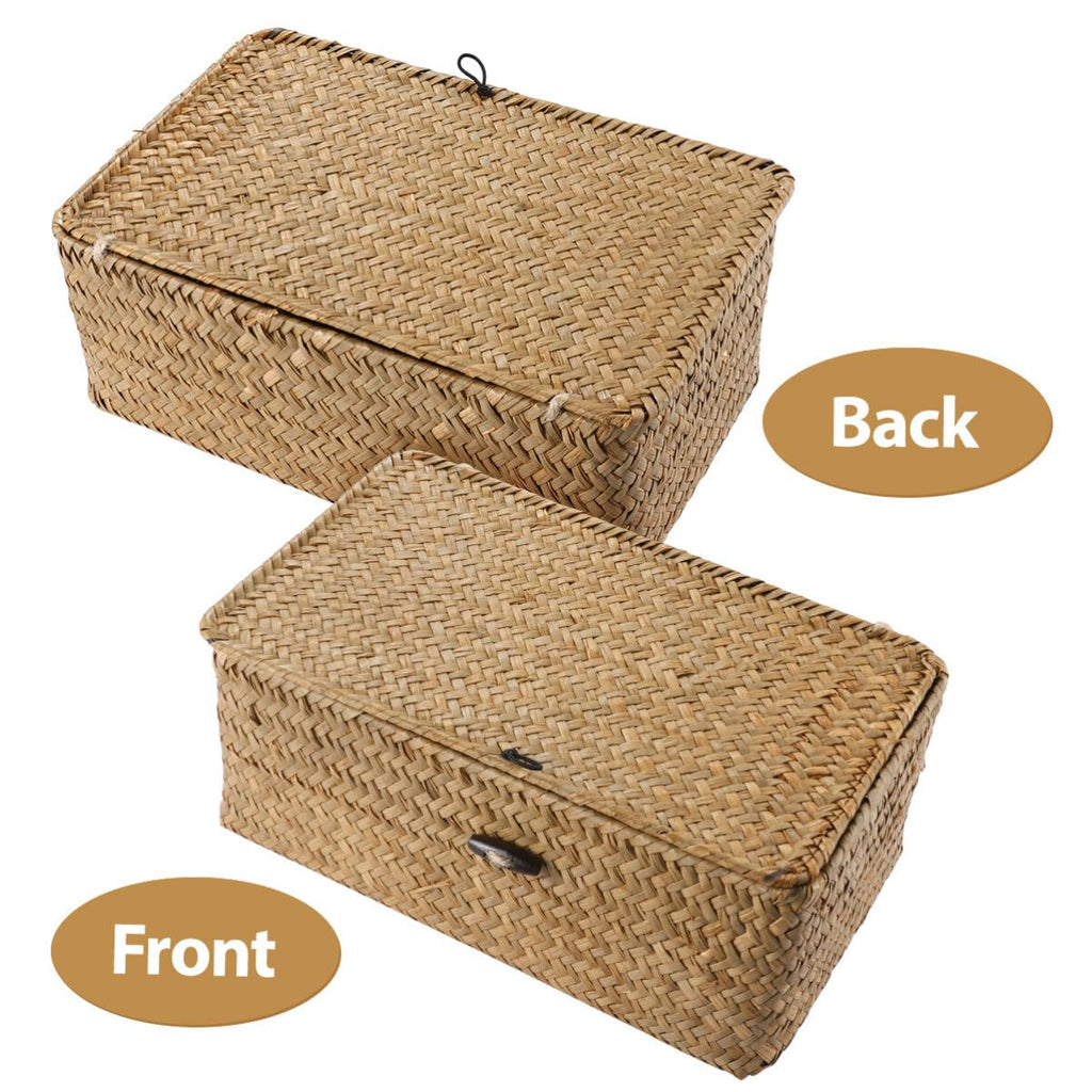 Woven Storage Box Wicker Storage Bins with Lid Seagrass Basket Desktop Hand- Woven Box Shelf Organizer