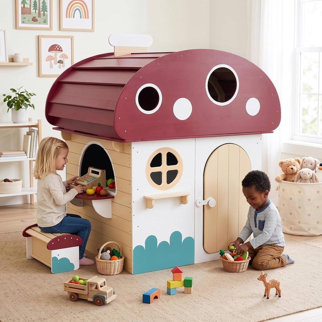 Outdoor Solid Wood Kids Playhouse for Ages 3-8 | Toddler Outdoor Play Kitchen with Chalkboard, Half Door, White Kids