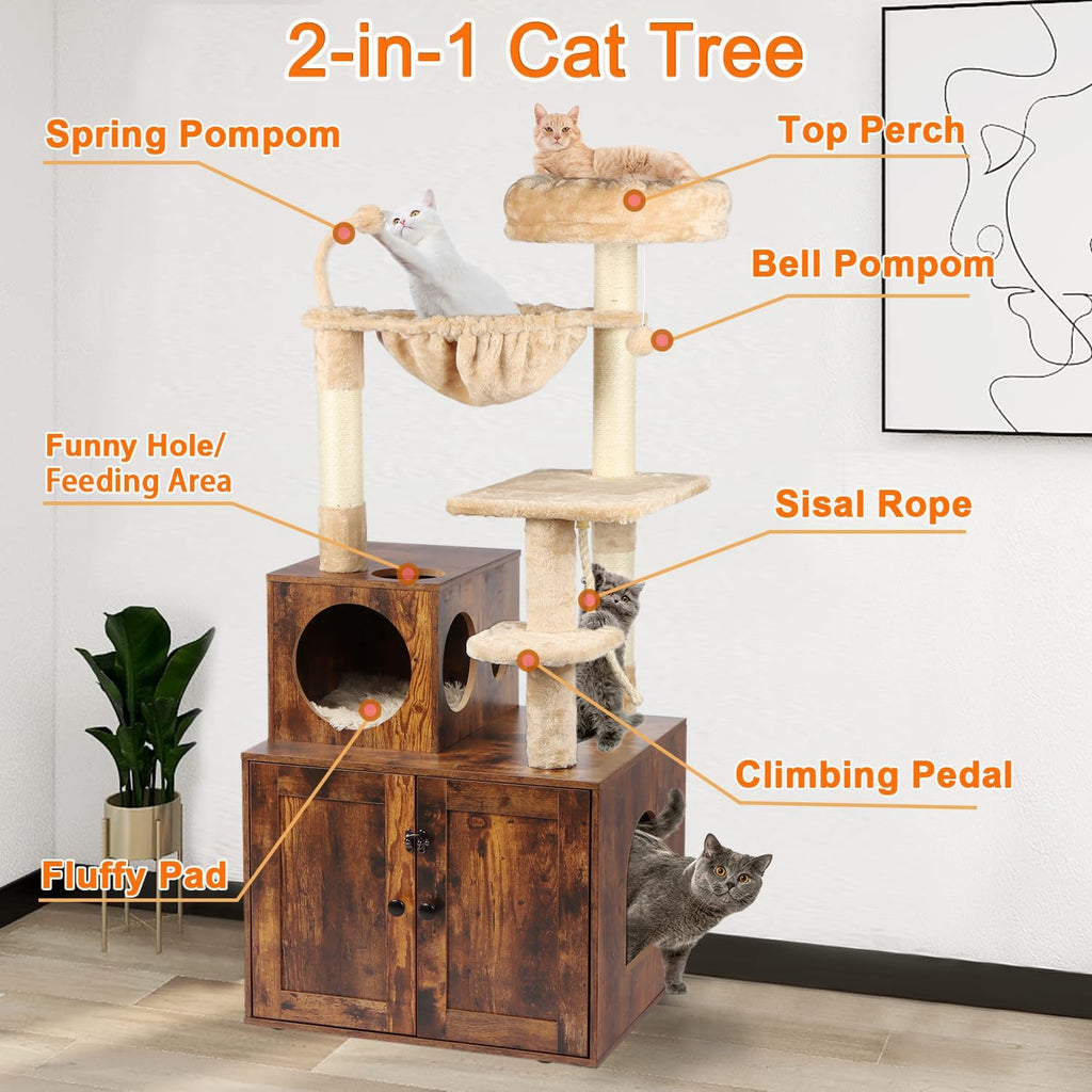 Cat Tree with Litter Box Enclosure, 2-in-1 Cat Tower