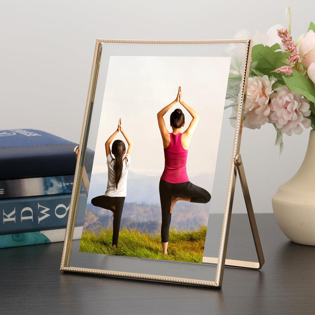 Gold 5x7'' Floating Frame Set of 2, For Photo Sizes (3.5 x5'', 4x 6'' up to 5x7'' ), Beautiful Metal Lace Edge Frames