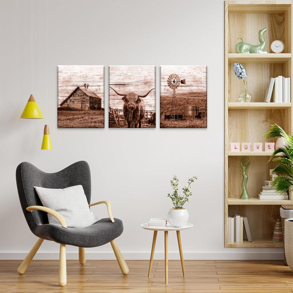 3pcs Farmhouse Highland Cow Wall Art Vintage Highland Cow Wall Art Barn Farmhouse Windmill Canvas Pictures Bedroom