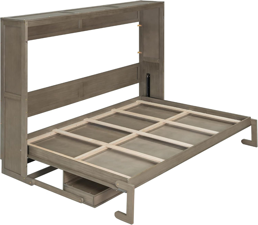 Queen Horizontal Murphy Bed with Desk and Storage Drawers & Mirror, Wood Farmhouse Folding Murphy Bed Cabinet with
