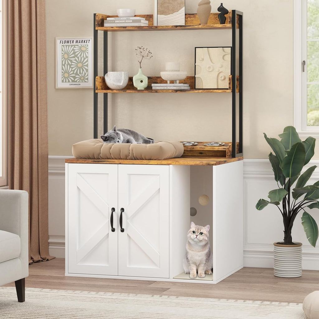 53" H Cat Litter Box Enclosure, Hidden Cabinet w/Storage & Charging, White