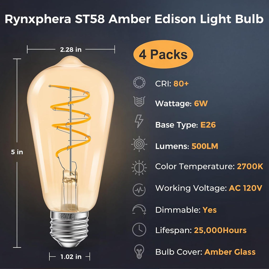 ST58 Vintage LED Edison Bulbs 60W Equivalent, Dimmable 6W 2700K