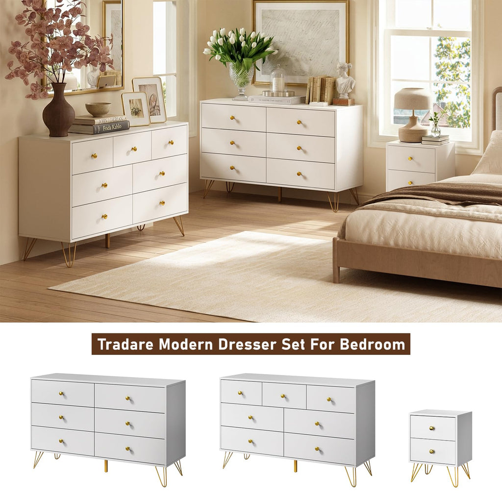 White, Modern 7 Drawer with Gold Handles and Metal Legs, White and Gold Dressers & Chest of Drawers