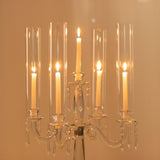 Crystal 4-Arm Candelabra Taper Candle Holder with Hurricane Glass Shades - Table Centerpiece with Pedestal Base &