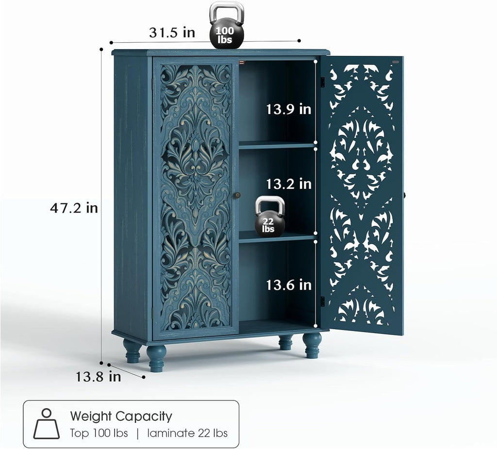 47" Tall Accent Cabinet with Carved Doors & Storage | Vertical Storage , Carved Floral Design, Farmhouse & Rustic