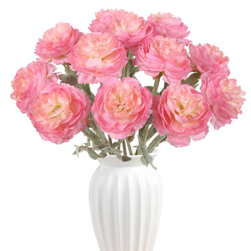 Pink Peonies Artificial Flowers 12Pcs Realistic Silk Ranunculus Flowers 14.6" Fake Pink Peonies Decoration Wedding