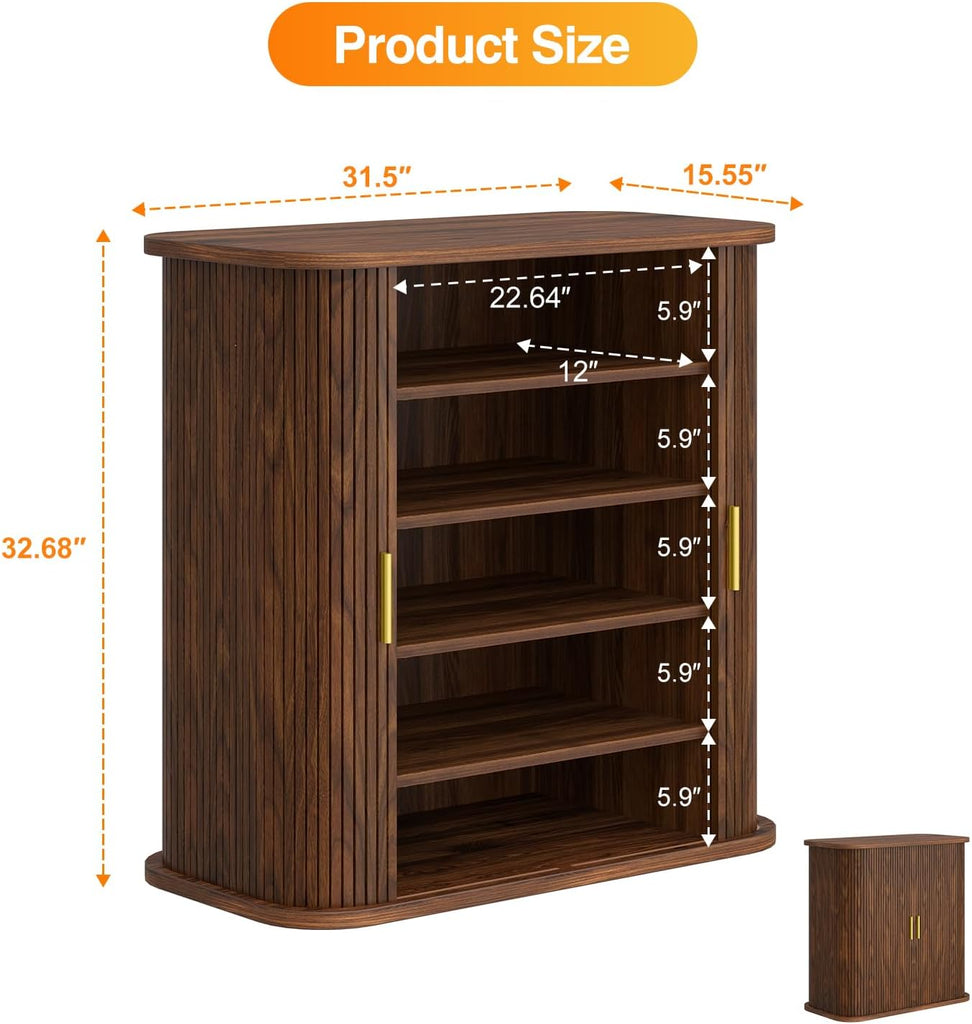 Shoe Storage Cabinet with Sliding Doors, 5-Tier Wood Shoe Cabinet , Adjustable Shelves Freestanding Shoe Organizer