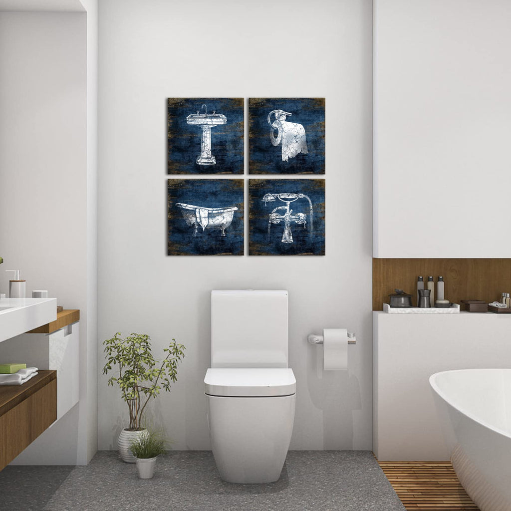 Blue Bathroom Decor Wall Art Framed Canvas Print Pictures 4 Pieces Abstract Pictures Modern Navy Framed Wall Decor