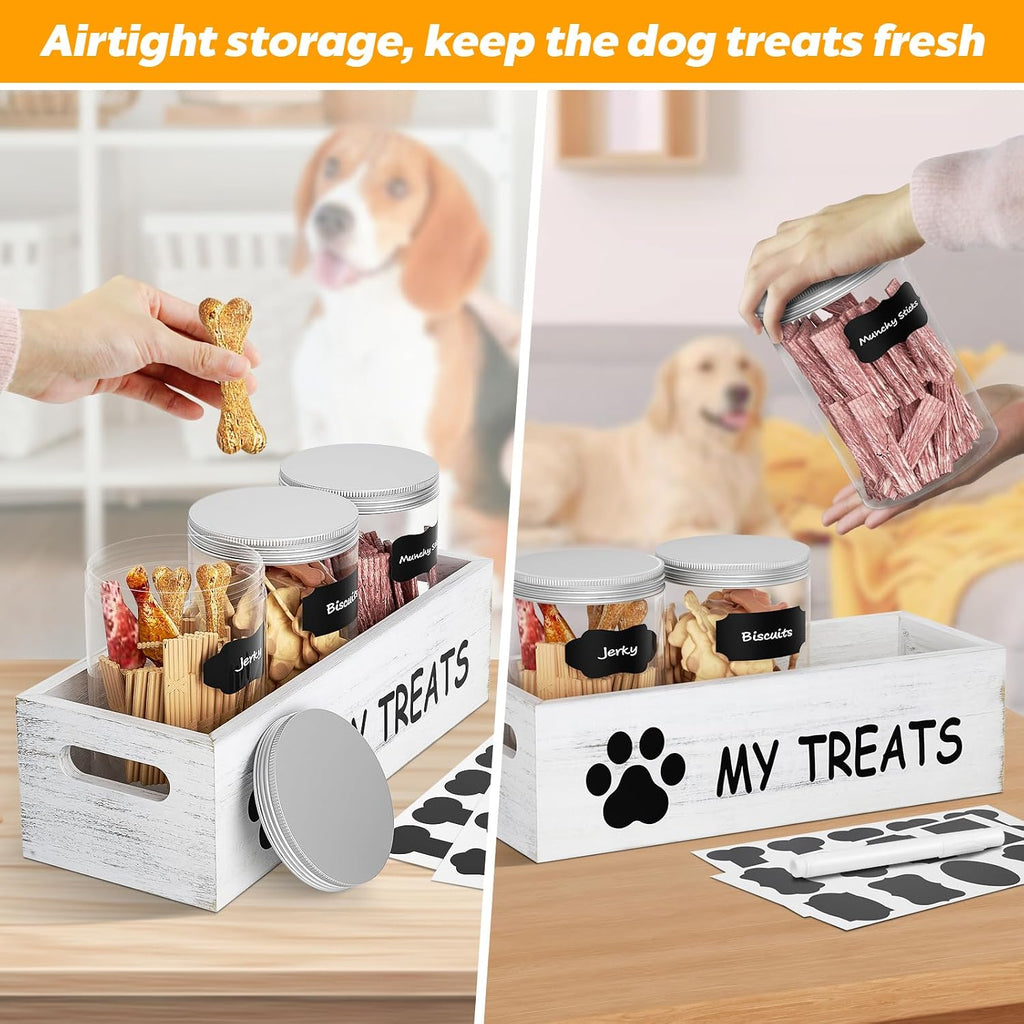 Dog Treat Container for Countertop - Dog Food Storage with 3 Jars - Pet Food Organizer For Puppy - Airtight White