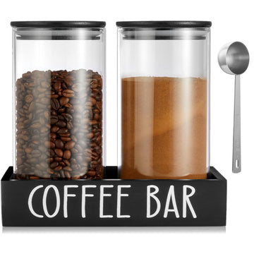 Glass Coffee Canister for Ground Coffee - 2Pcs 45oz Coffee and Sugar Container Set with Airtight Bamboo Lids and