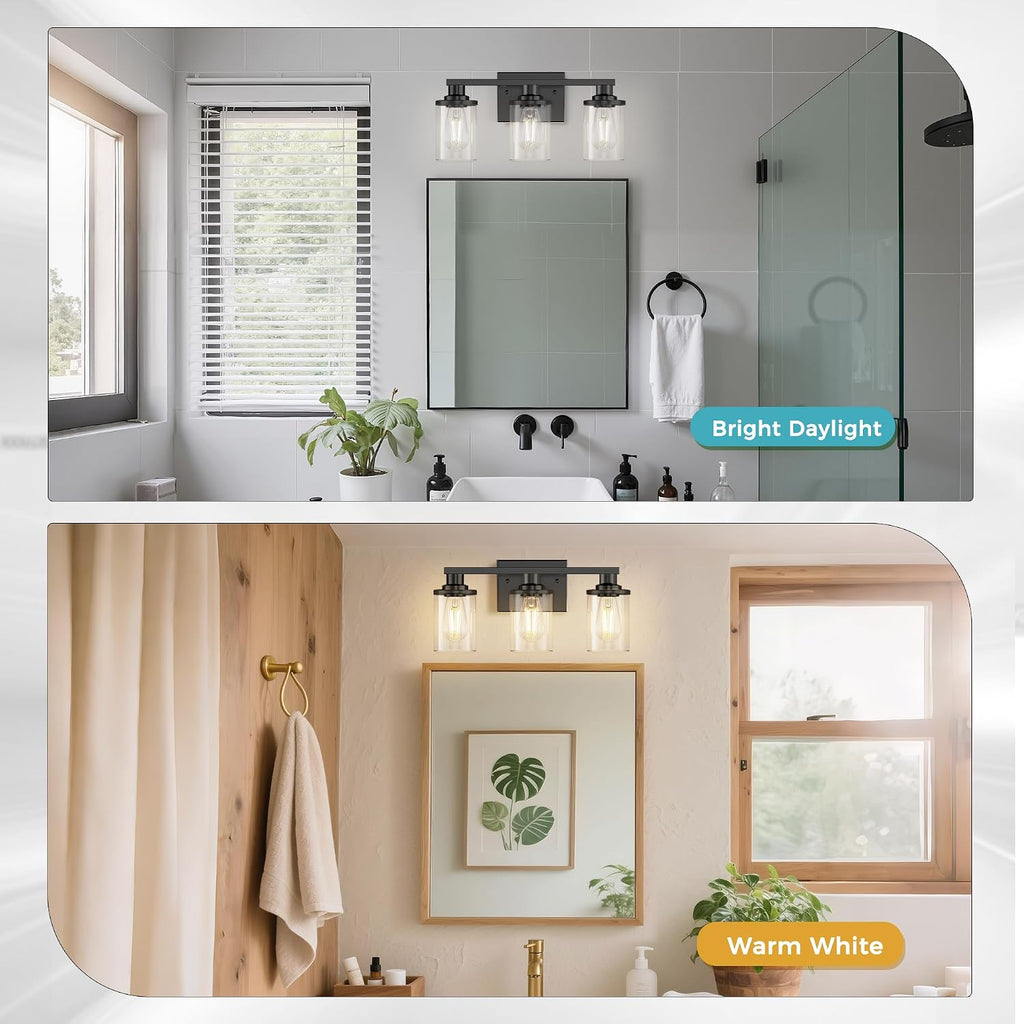 17 Inch Bathroom Light Fixtures, 3-Light Black Bathroom Lighting Fixtures Over Mirror with Clear Glass Shade, Vanity