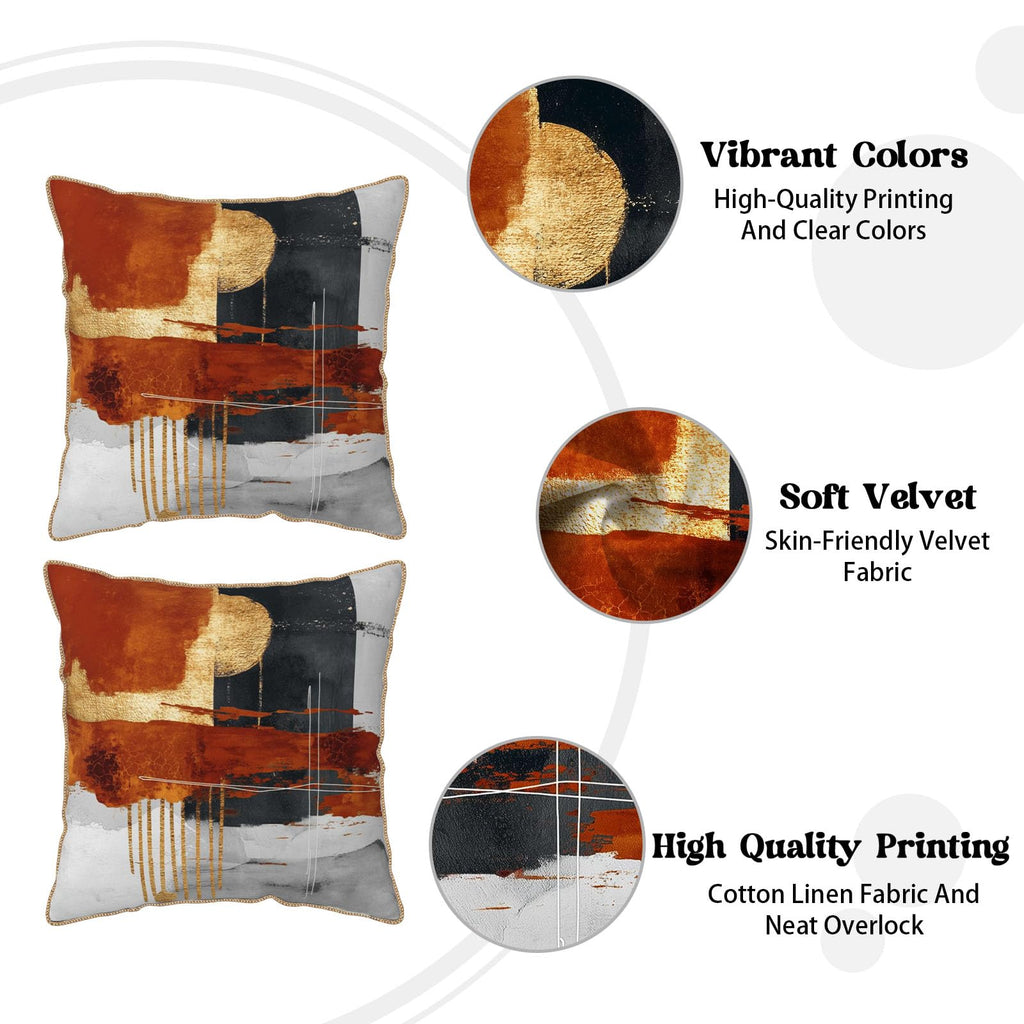 Retro Burnt Orange Gold Velvet Pillow Covers 18x18 Inch Abstract Rust Gray Black Throw Pillows For Couch Cushion
