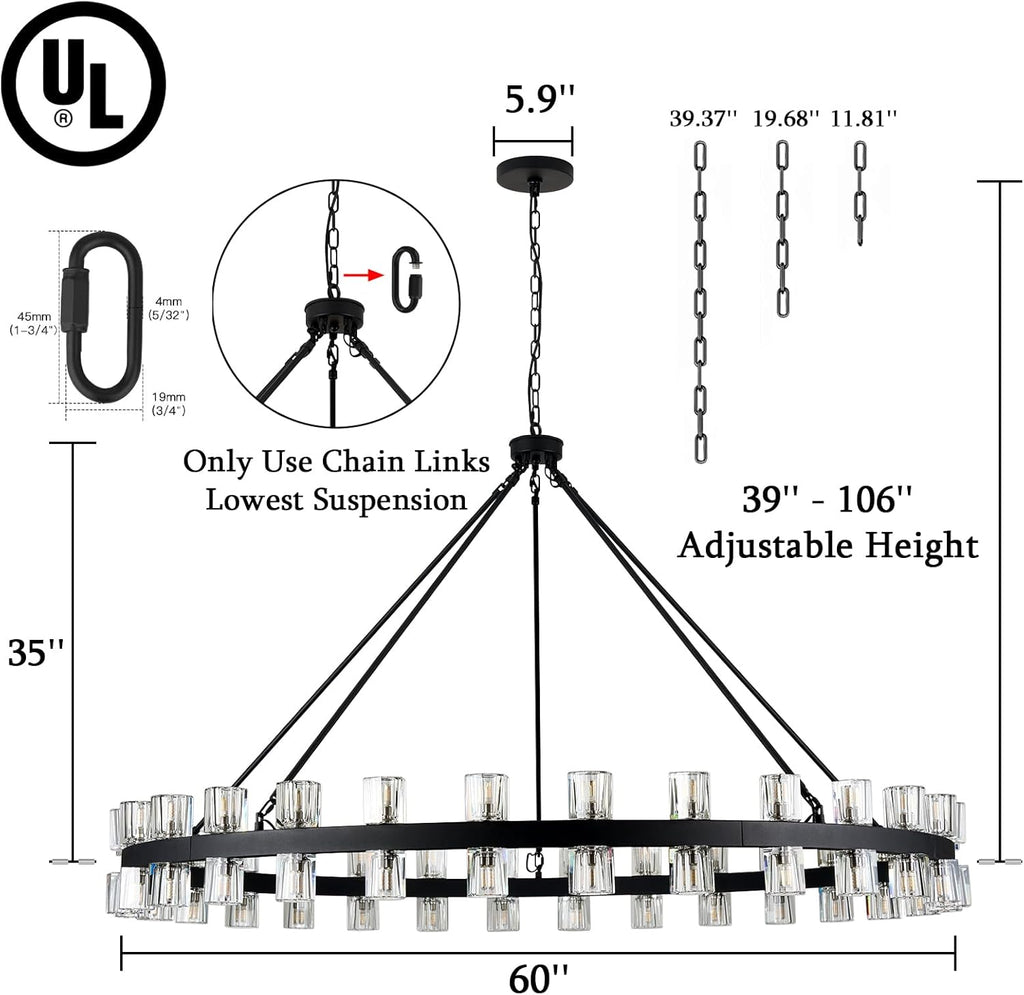 60 Inch Black Wagon Wheel Chandelier with Crystal Shade, 60 Lights, Modern Farmhouse Style, Ideal for Dining Room, Kitchen, Entryways A117-B0DQXV9RKZ