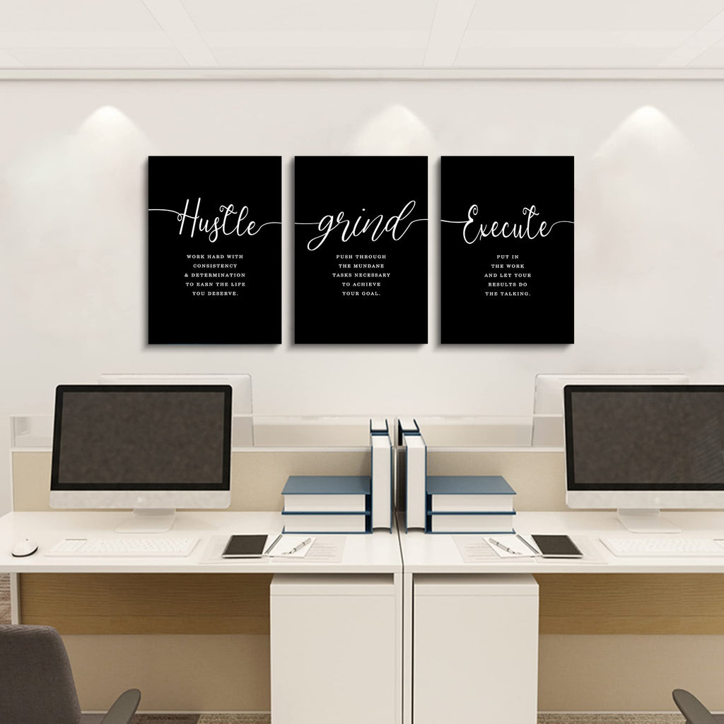 Office Decor - Hustle Quotes Execute Prints, Framed Canvas Wall Art Grind Quote, Office Wall Art, Black Large Poster