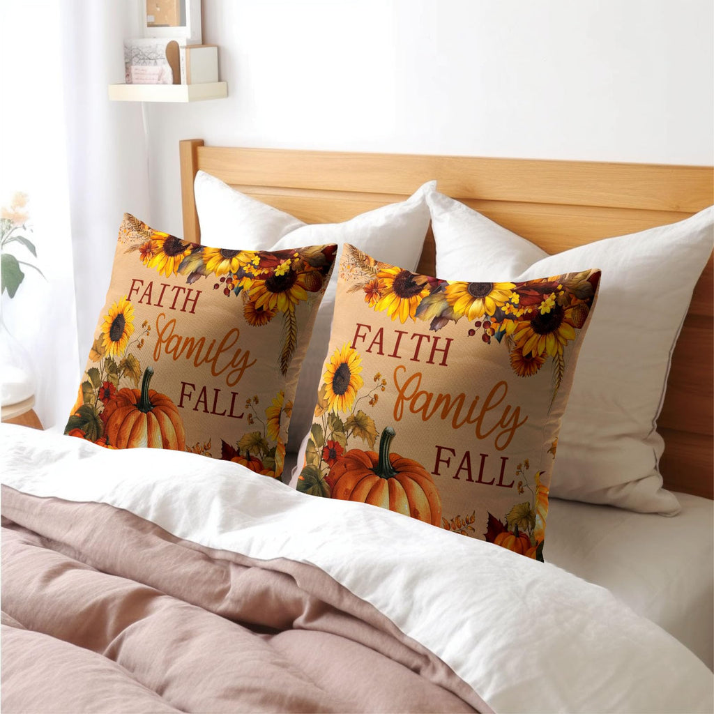 Faith Family Fall Pumpkin Pillow Covers 12x12 Inches Autumn Sunflowers Throw Pillow Case Set of 2 Pillows Cotton