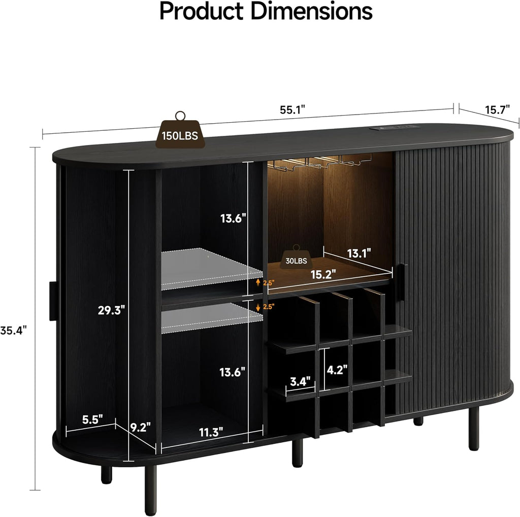 55" Wine Bar Cabinet with LED Light & Power Outlet, Black | Modern Flute Liquor Coffee Station with Wine Rack, Glass
