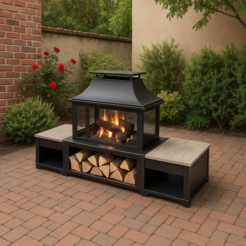 Rimasco 80-Inch Metal Wood Burner Fireplace with Side Storage Tables - Wood Burning Fire Pit - Smokeless Patio Fire