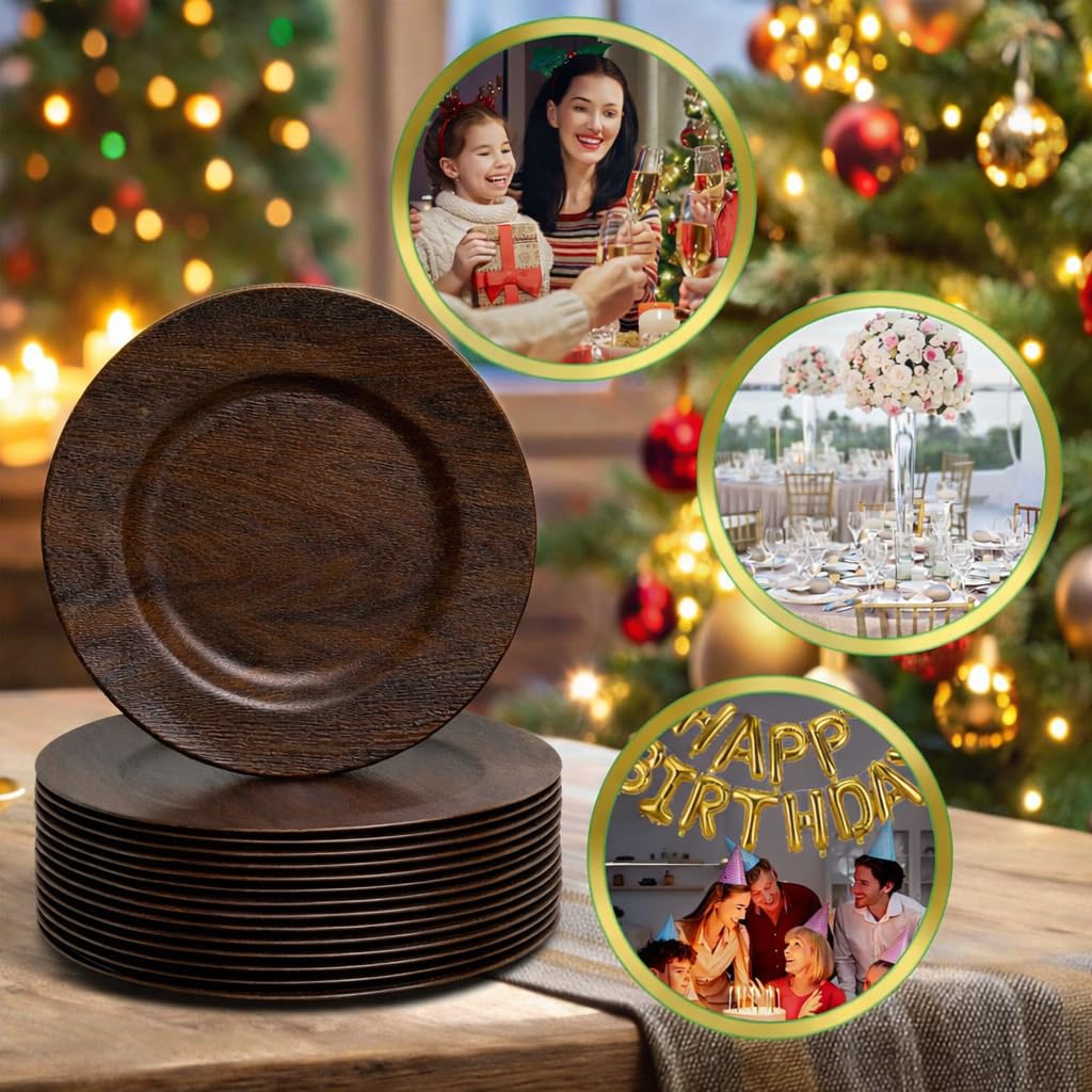 50PCS 13in Charger Plates Bulk- Faux Wood Chargers for Dinner Plates- Brown Round Plastic Plate Chargers- Farmhouse