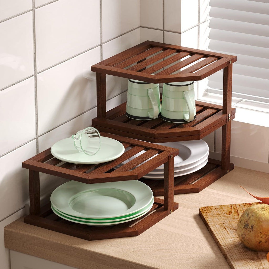 2 Tier Bamboo Corner Shelf 3 Pack Plate Organizer Kitchen(Brown)
