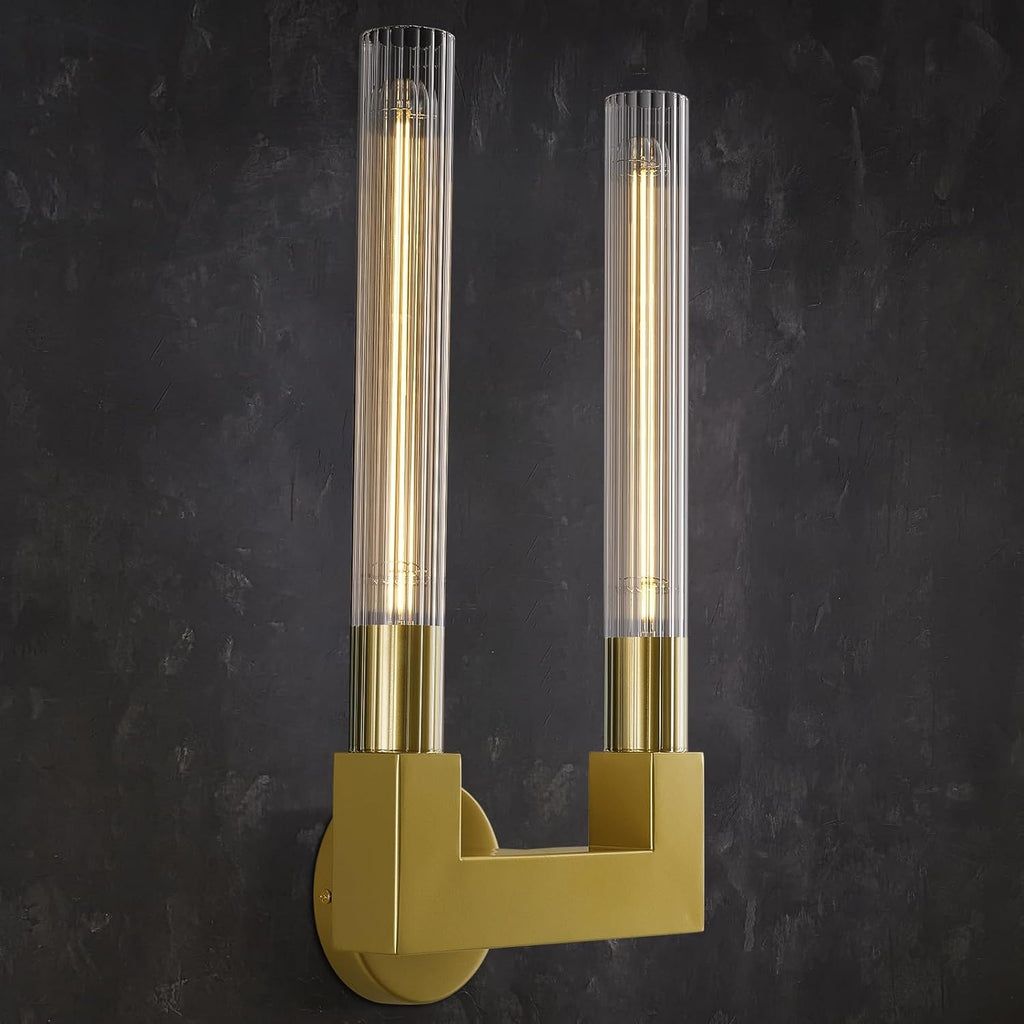 Modern Brass Wall Sconce,19 Inch Gold Double Bathroom Wall Sconces with Clear Glass Tube,Indoor 2-Light Vanity Mirror Wall Lights,for Bathroom,Living Room,Bedroom,Hallway,Entryway,Fireplace,Staircase A114-B0DMRPKP9N