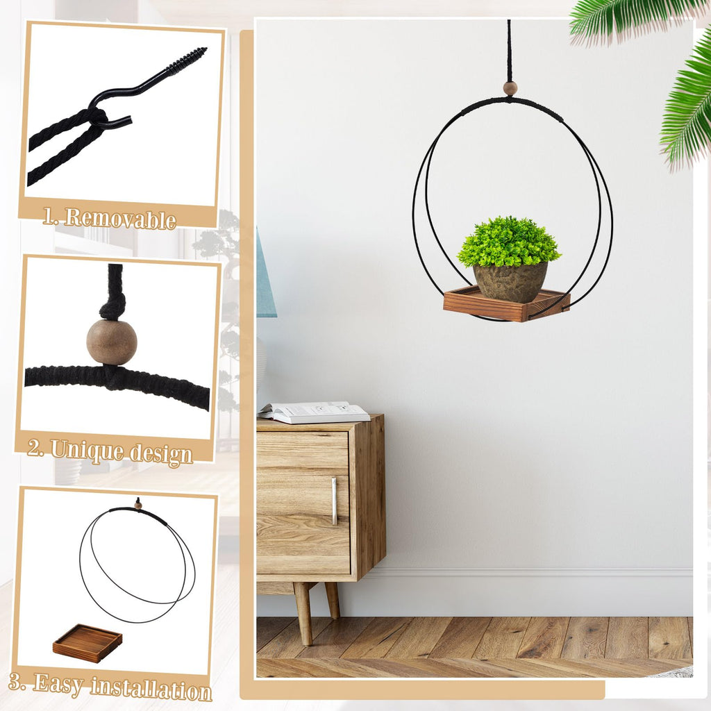 4 Pcs Hanging Plant Holder with Wood Base Window Planter Boho, Brown