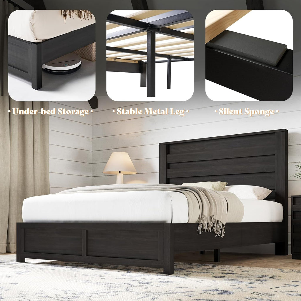 Farmhouse Queen Bed Frame with 49" Tall Headboard, Platform Bed with Natural Wood Grain, No Box Spring Needed/Noise