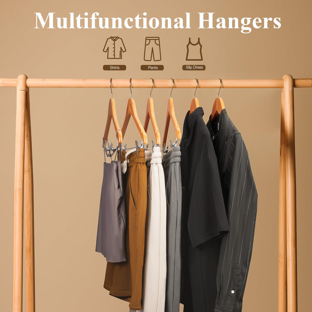 Wooden Hangers with Clips 24 Pack Wooden Pants Hangers, Skirt Hangers with Adjustable Clips, Hangers for