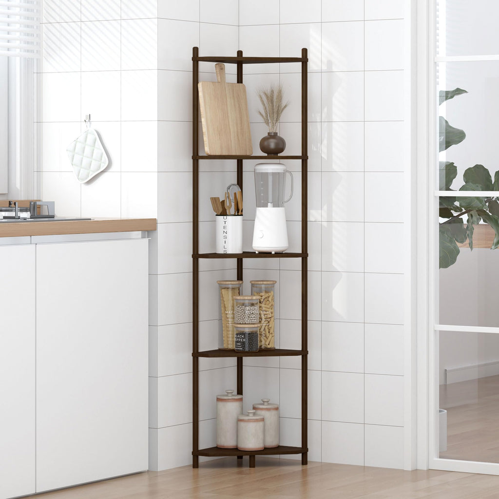 Brown Tall Corner Shelf Stand, 5-Tier Bamboo Corner Bookshelf