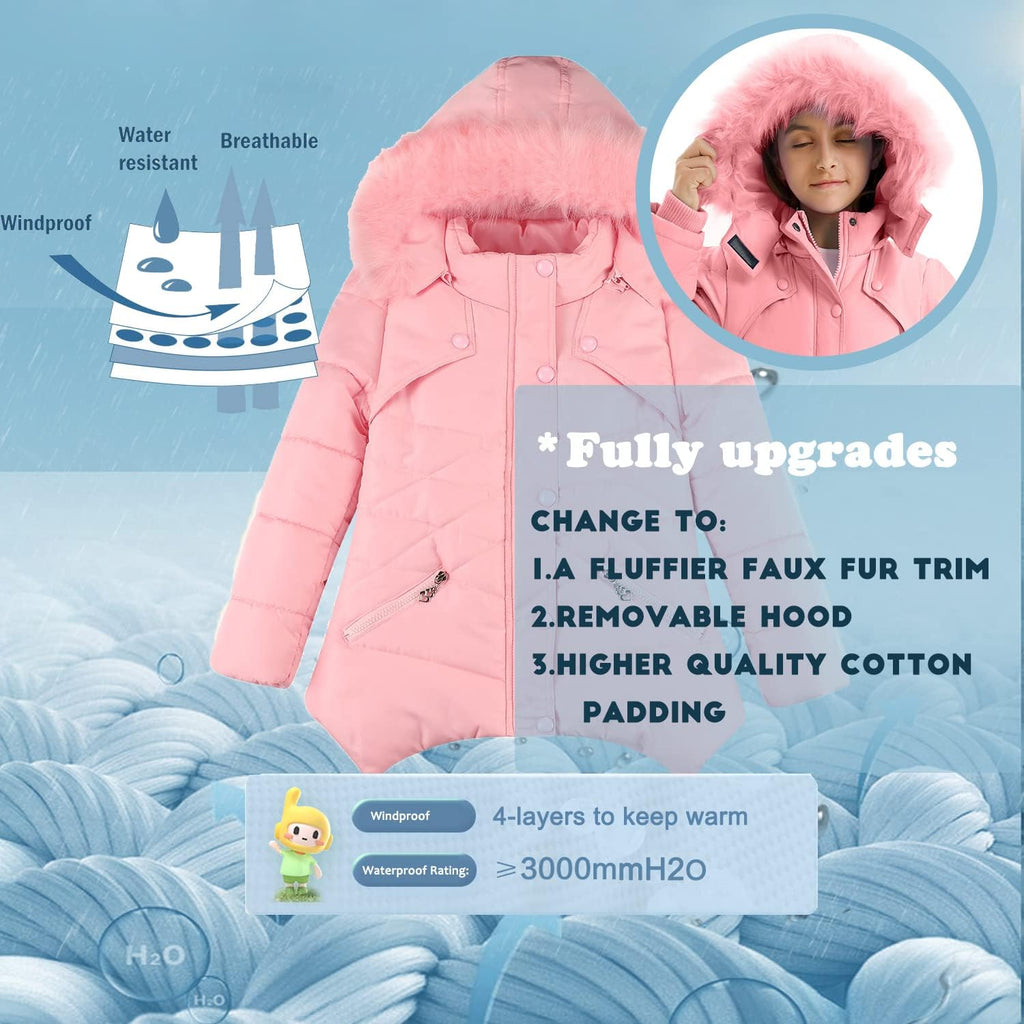 Girls' Winter Coats Fur Hooded Warm Puffer Jacket Coat with Fleece Lined