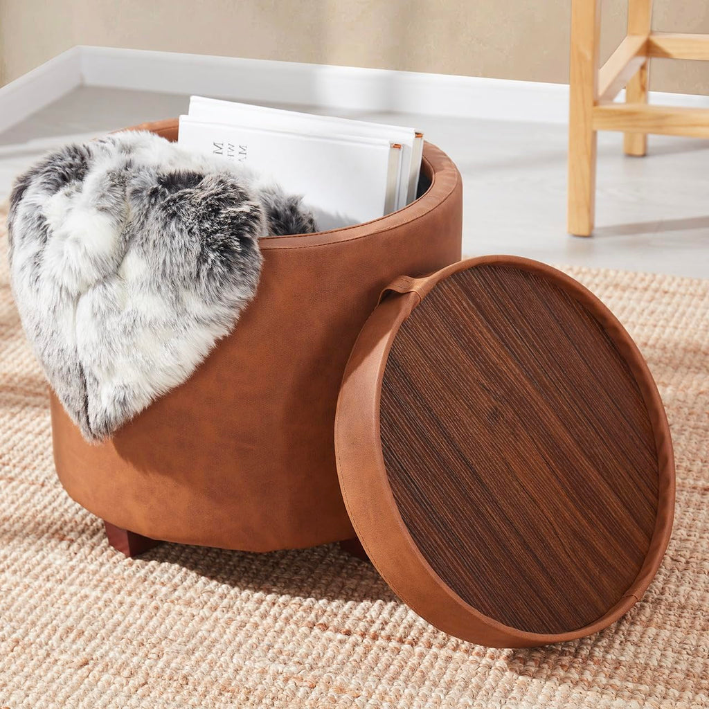 17" Round Storage Ottoman with Tray Top, Faux Leather, Cognac