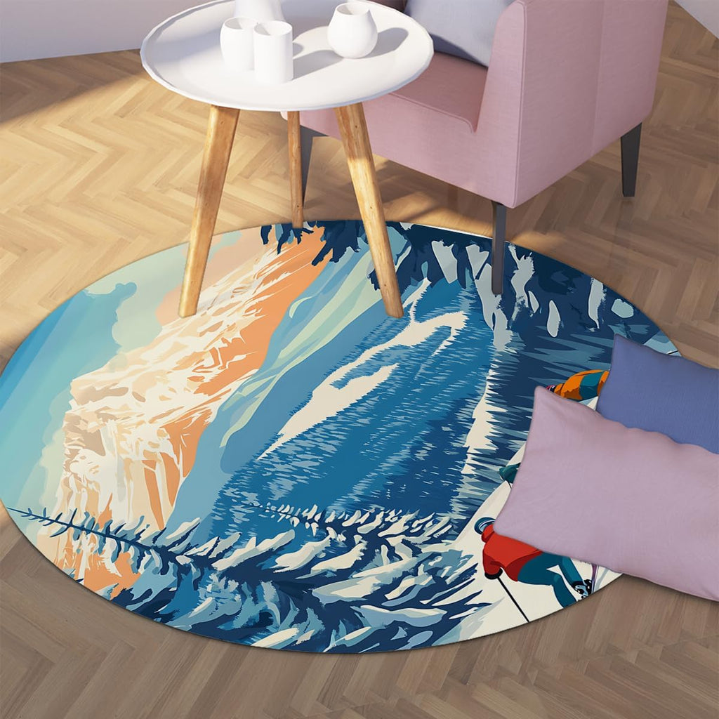 Winter Sports Theme 4ft Area Rug Snowy Mountains Skiing Pattern Circular Rugs Non Slip Washable Carpet Bedside