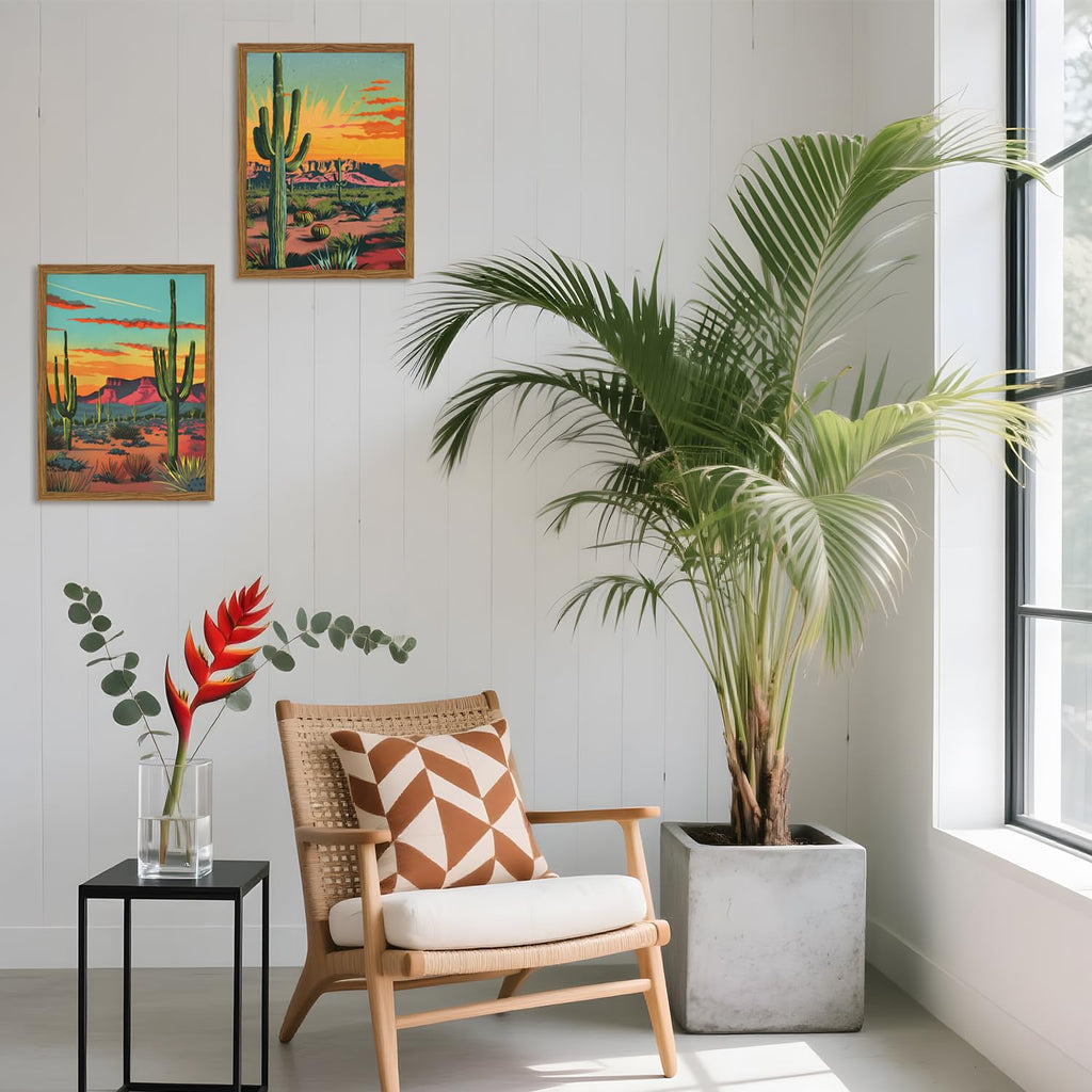 Framed Desert Landscape Wall Art Set of 3, Vintage Mexican Cactus Wall Decor Paintings, Boho Southwestern Mountain