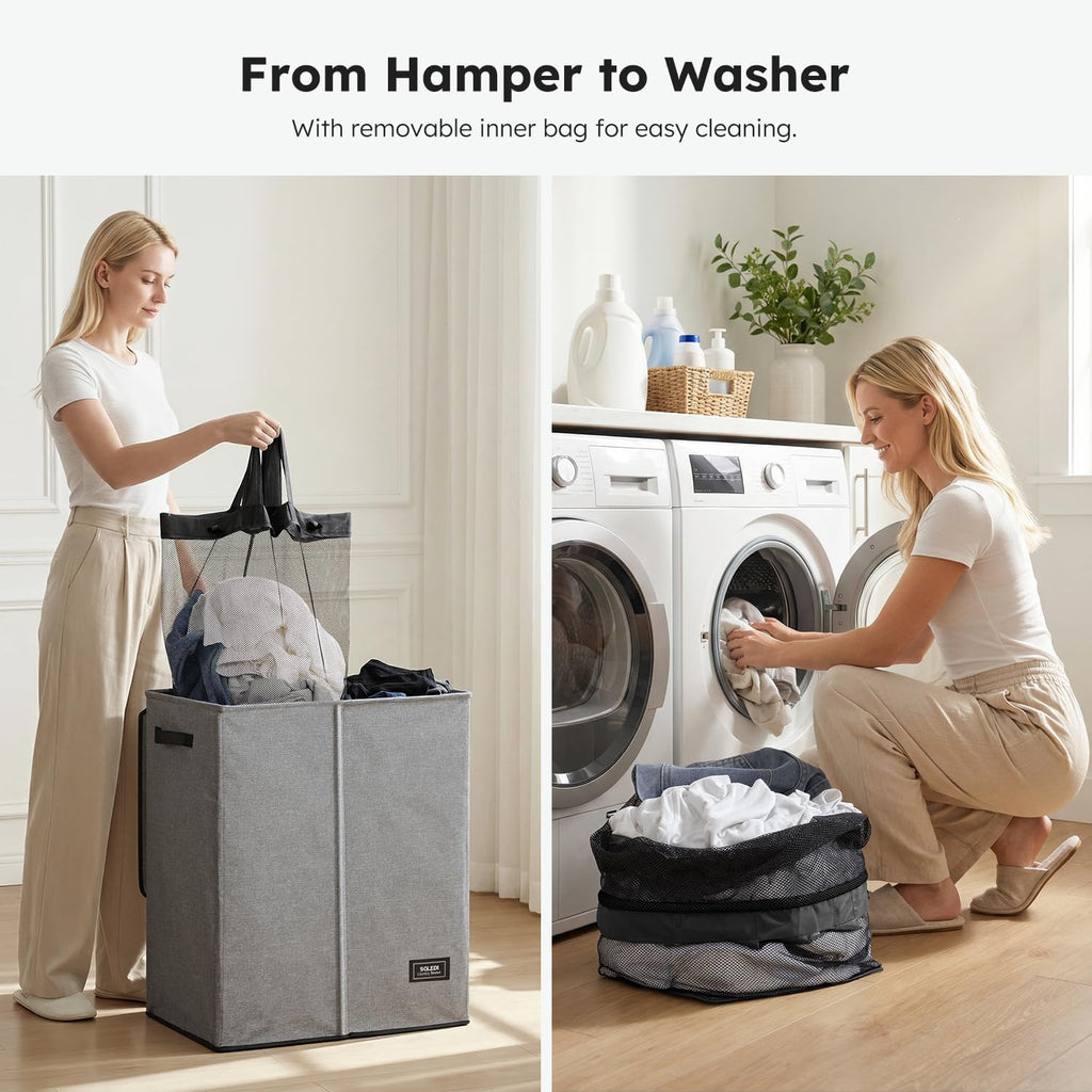 Double Laundry Basket with Lid and Removable bag, Large Laundry Hamper 2 Section with handles, Collapsible Dirty