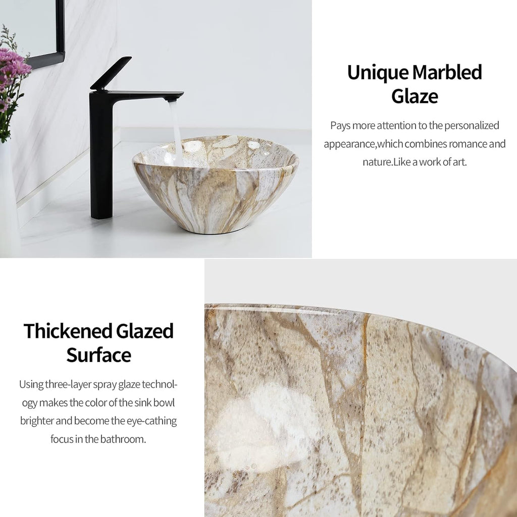 16'' X 13'' Nordic Marbling Oval Vessel Sink with Pop Up Drain,Ceramic Vessel Sink,Bathroom Sinks Above