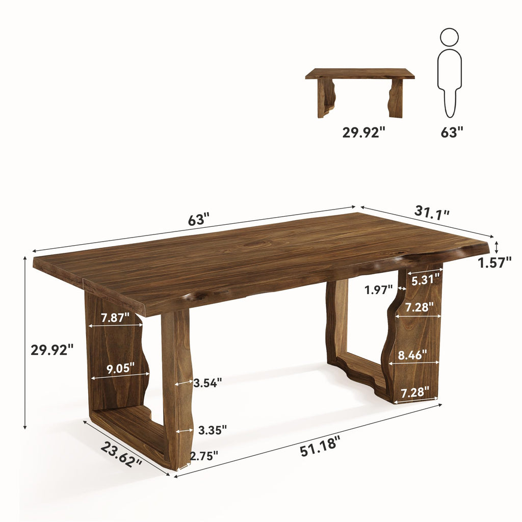 63" Live Edge Solid Wood Dining Table, Modern Rustic Kitchen Table with Sculptural Legs, 6-Person Rectangular Dinner