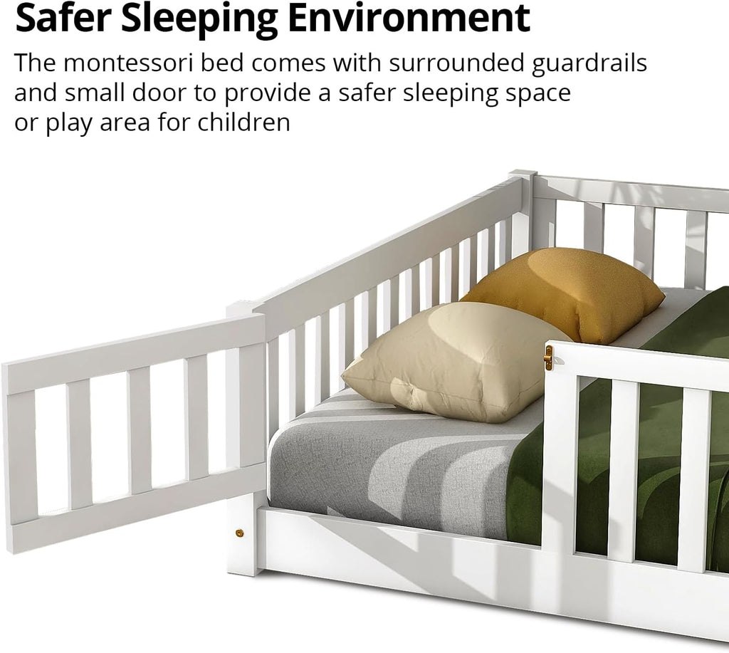 Twin Floor Bed, Durable Montessori Floor Bed with Wood Slats, Safety Fence & Small Door, Wood Floor Bed Frame for