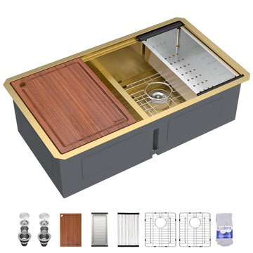 33"x19" Gold Undermount Double Bowl Workstation Kitchen Sink