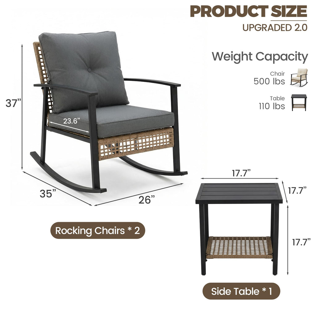3-Piece Patio Rocking Chairs Set of 2, Rocking Chair Bistro Set [Upgraded 2.0] & 2-Tier Coffee Table, Wicker Rocking