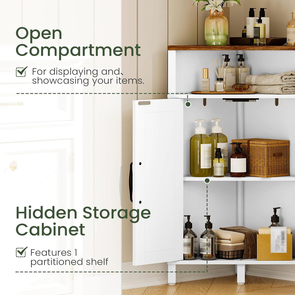 Farmhouse-Style Corner Cabinet, Corner Shelf with Open Storage, Double-Door Storage Cabinet, Twist-to-Lock Design