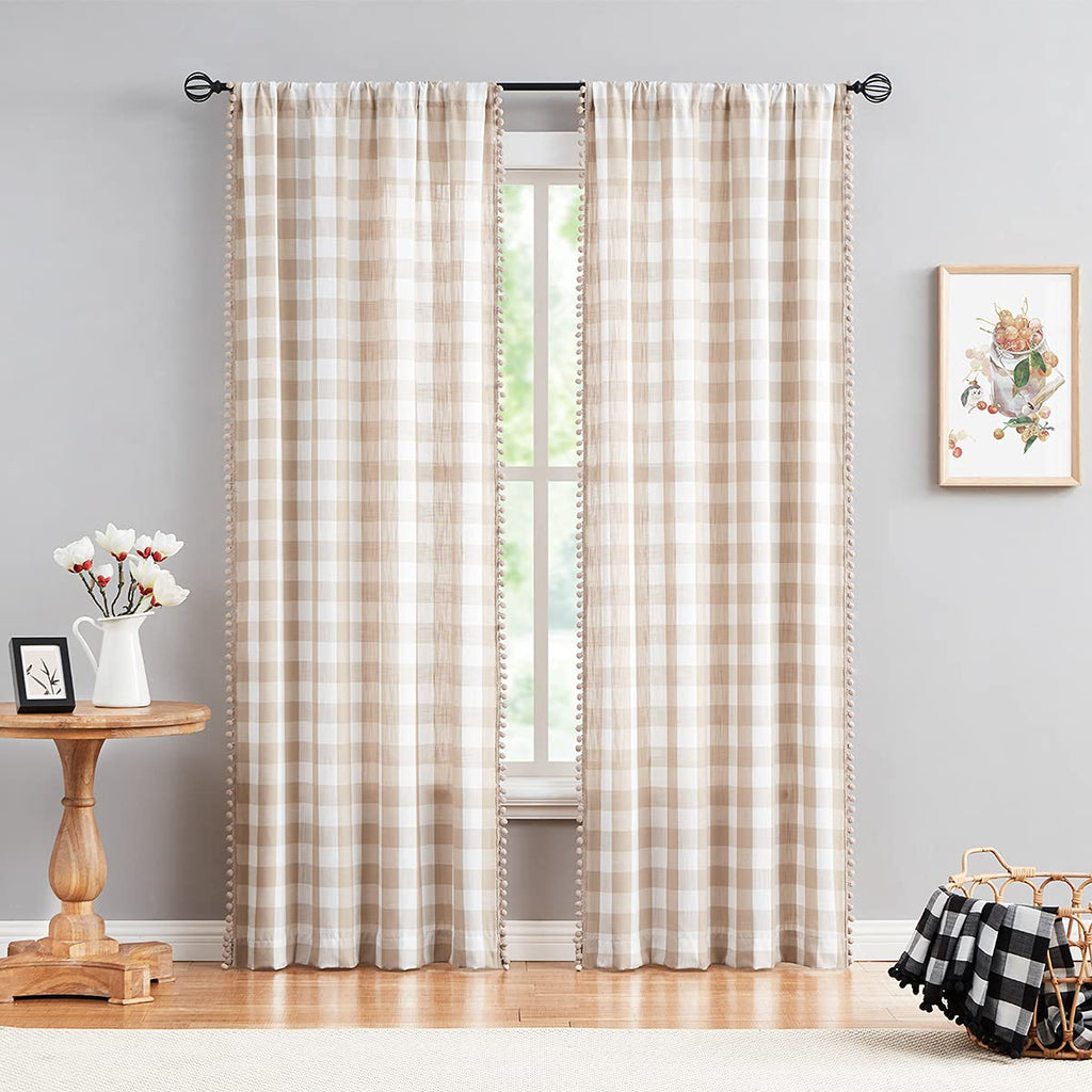 Buffalo Check Curtains 84" Pom Pom Farmhouse Gingham Drapes