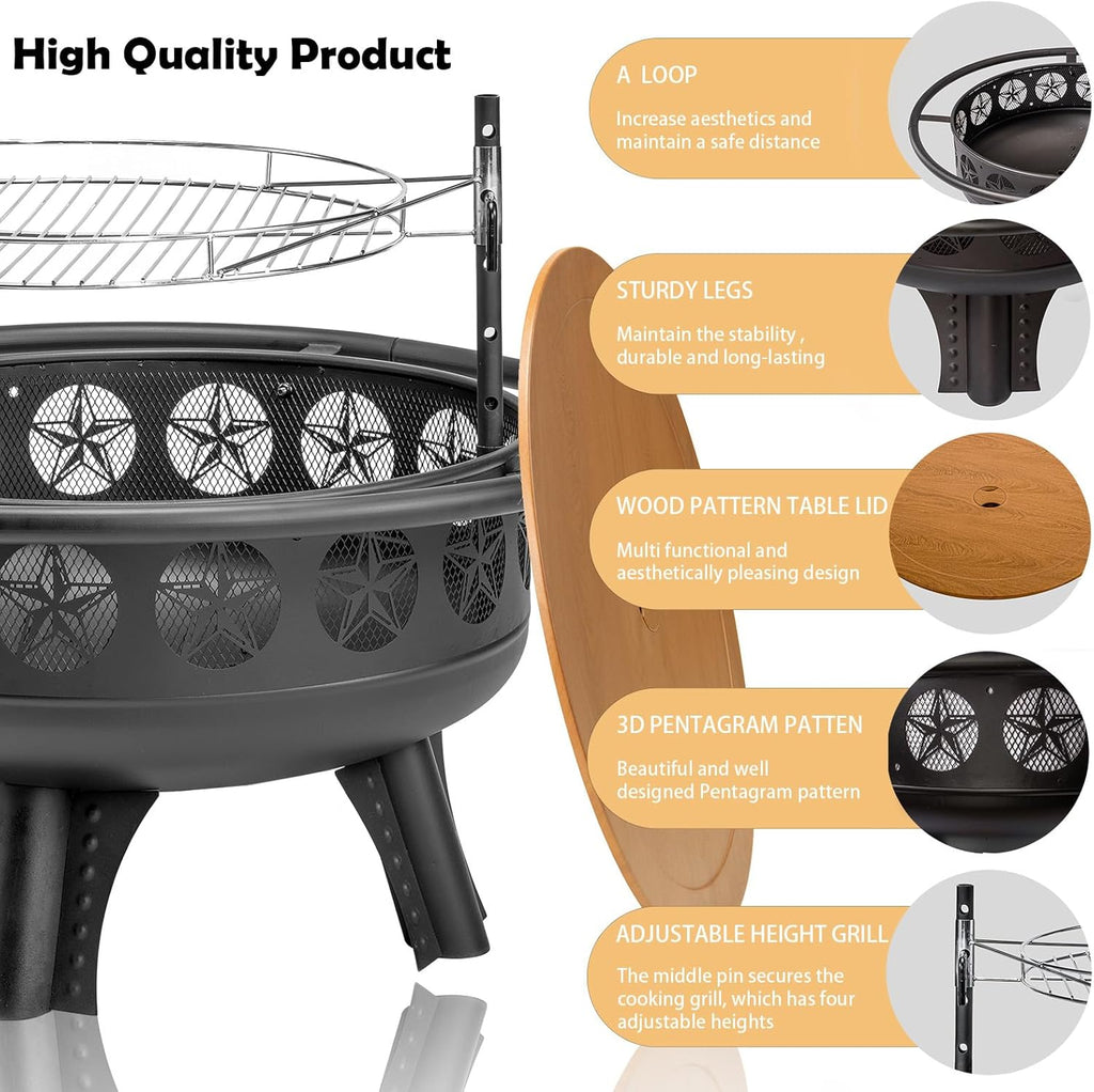 32 Inch Fire Pit with Swivel Cooking Grate,3-in-1 Wood Burning Firepit with Grill,Outdoor Fire Pits Table with Metal