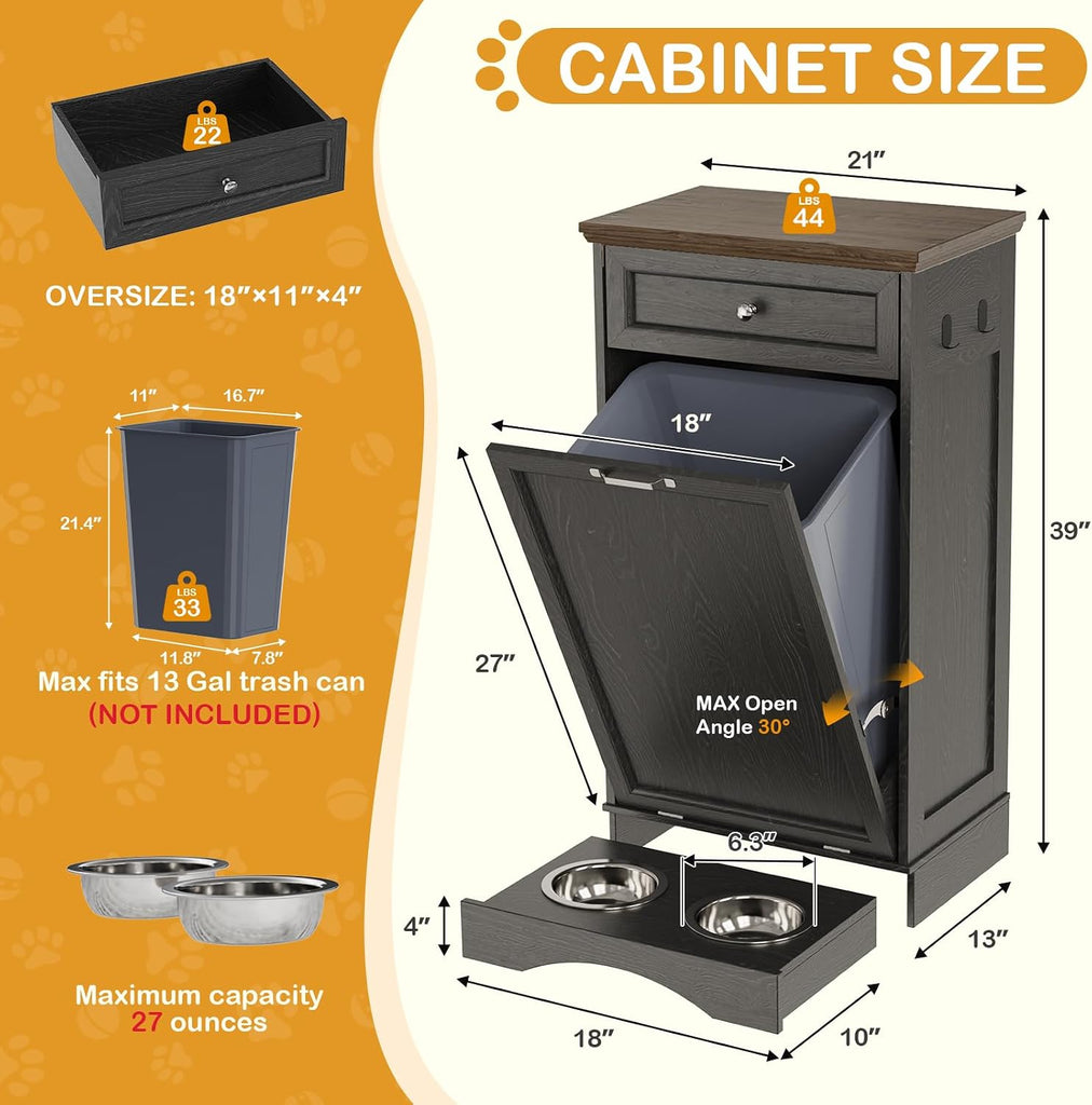 Dog Feeding Station with Storage Cabinet, Tilt-Out Door, Drawer (Black Oak)
