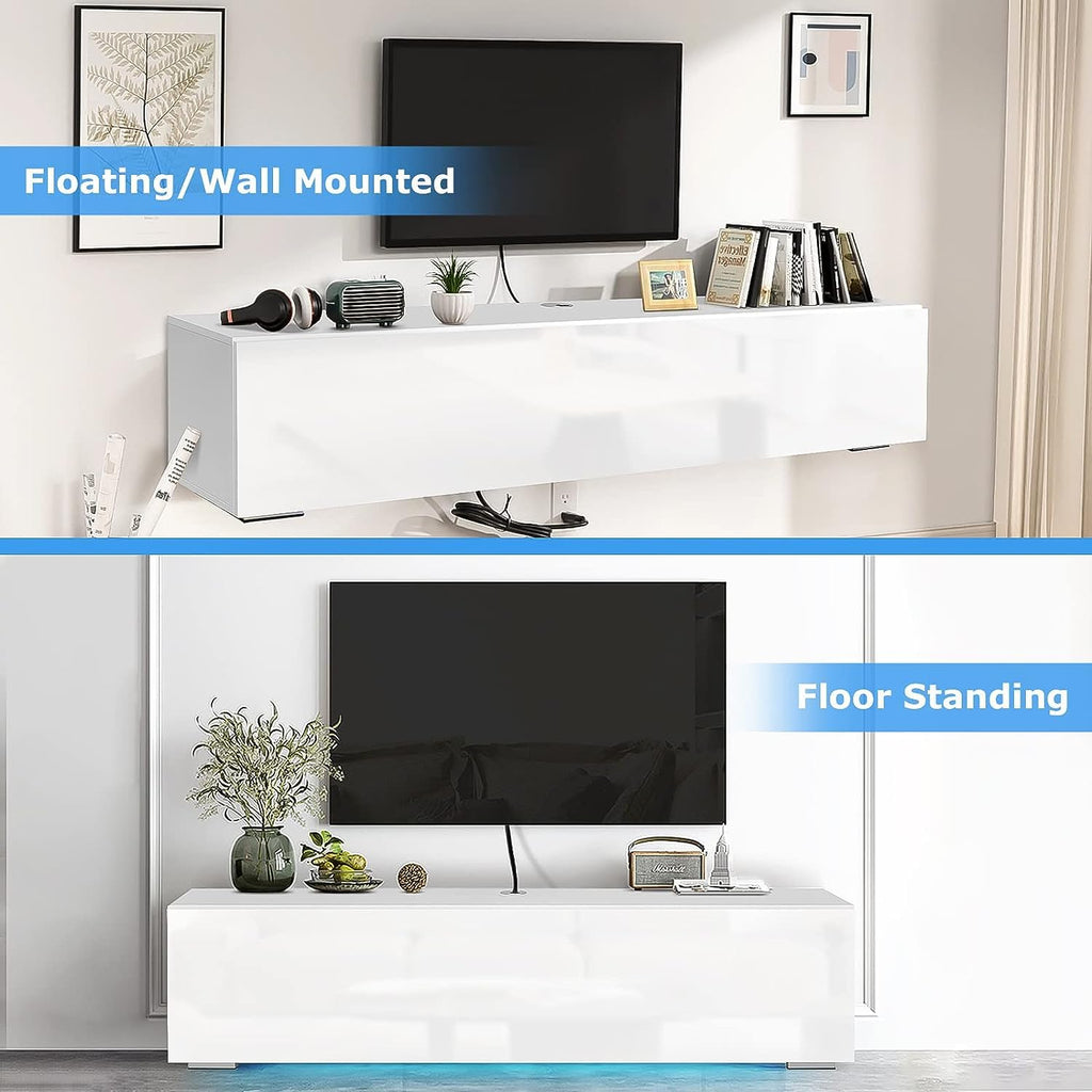 Floating with Led Light for 63 Inch TVs Wall Mounted Led Entertainment Center with High Gloss Storage Modern Floor