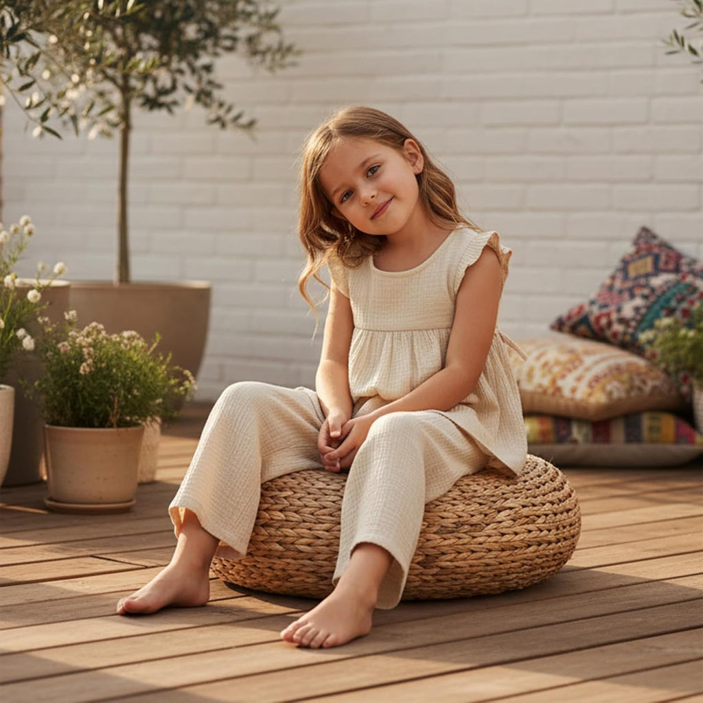 Baby Girl Summer Clothes Outfit Cotton Linen Sleeveless Ruffle Shirt and Wide Leg Pants Toddler Girls Clothes Set